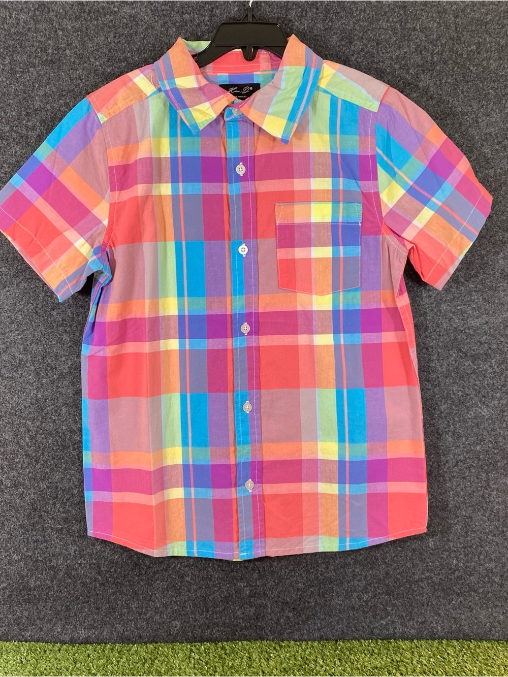 Kian D Checkered Short Sleeve Button Up Shirt Boys Size 14 Large Button-Down
